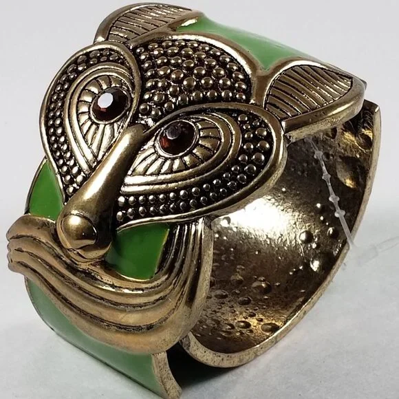 Vintage Gold-Tone Fox Cuff Statement Bracelet – Green Enamel & Gemstone Eyes - Picture 4 of 5